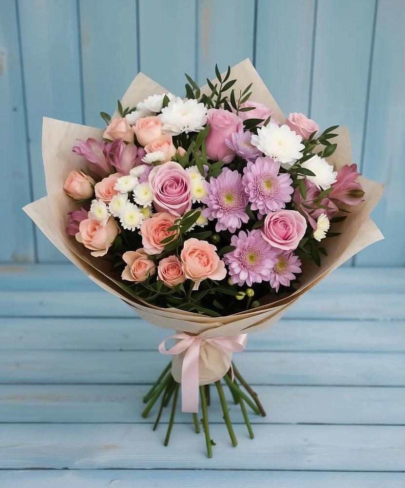 Букет цветов из: Хризантемы, Розы и Альстромерии в Павловскую слободу