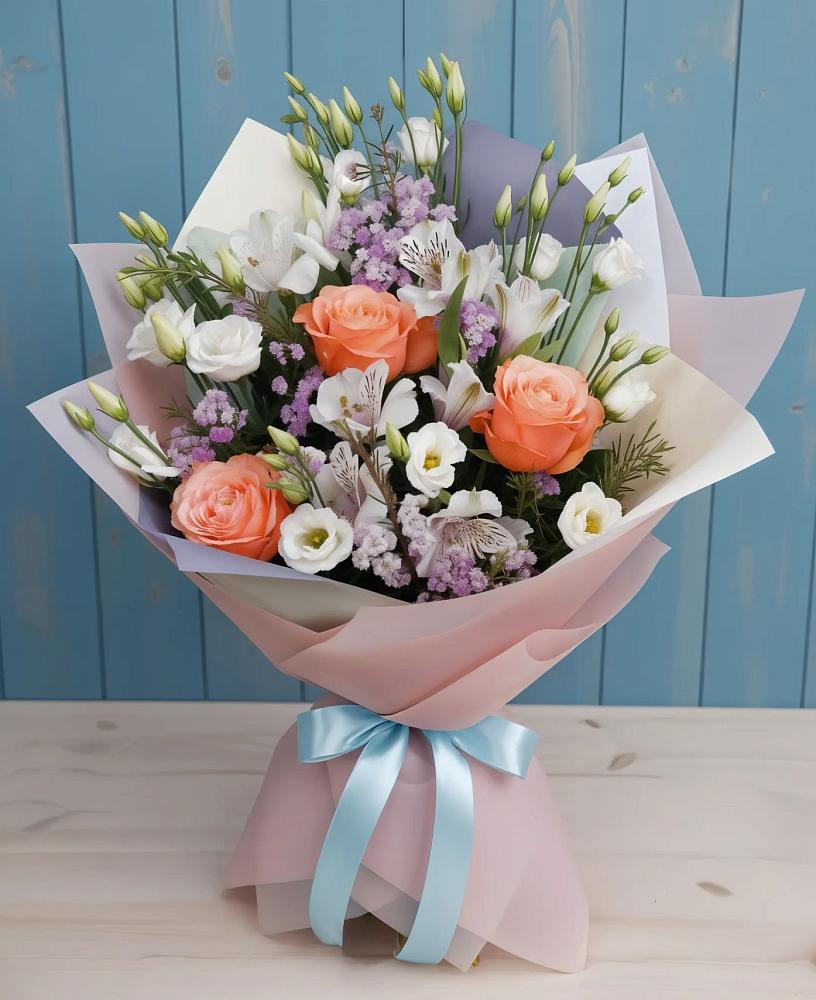 Букет цветов из: Лизиантусы, Розы, Альстромерии и Гипсофила в Павловскую слободу
