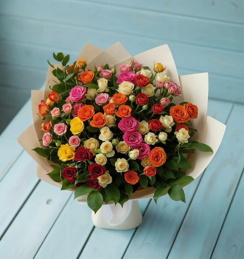 Букет Микс из разноцветных кустовых роз в Павловскую слободу