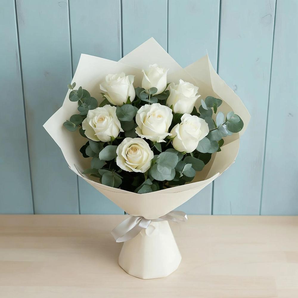 Букет Белые розы в Эвкалипте в Павловскую слободу
