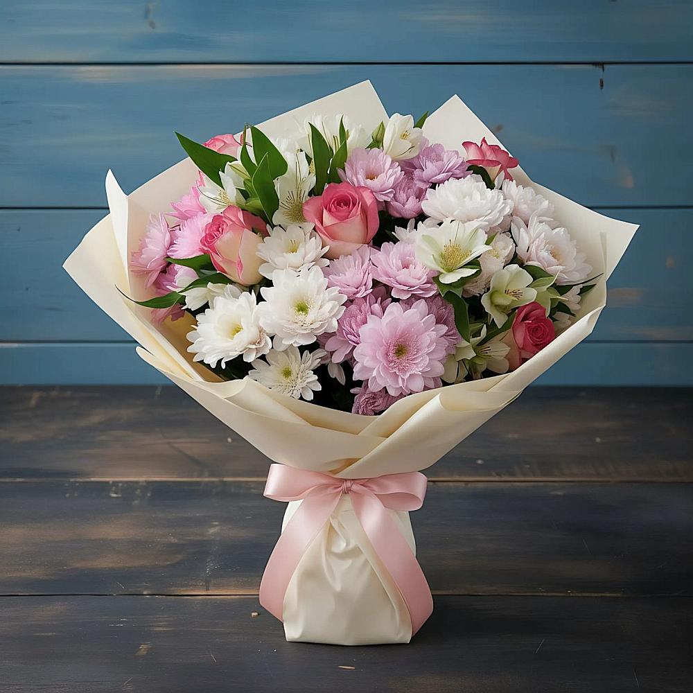 Букет цветов из: Хризантемы, Альстромерии и Розы в Павловскую слободу